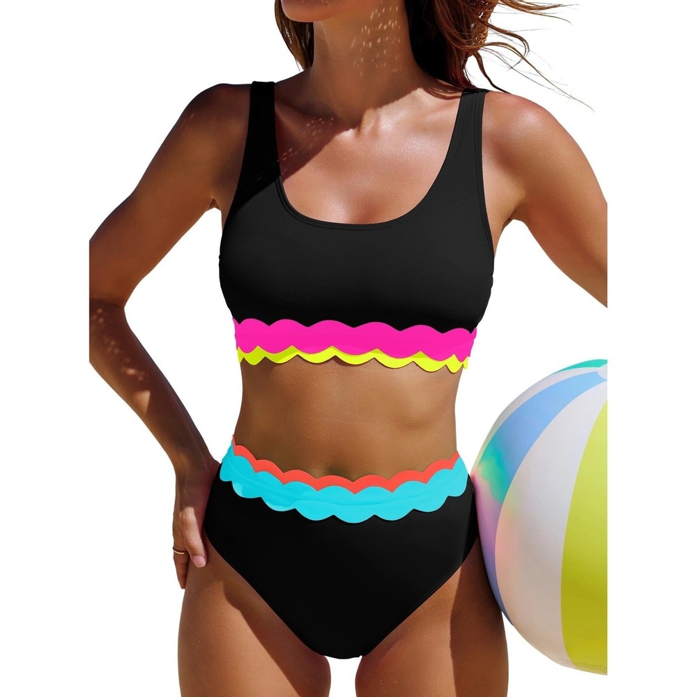 NWT Popvil Neon Scalloped Bikini Set High Waist Sporty Black Small